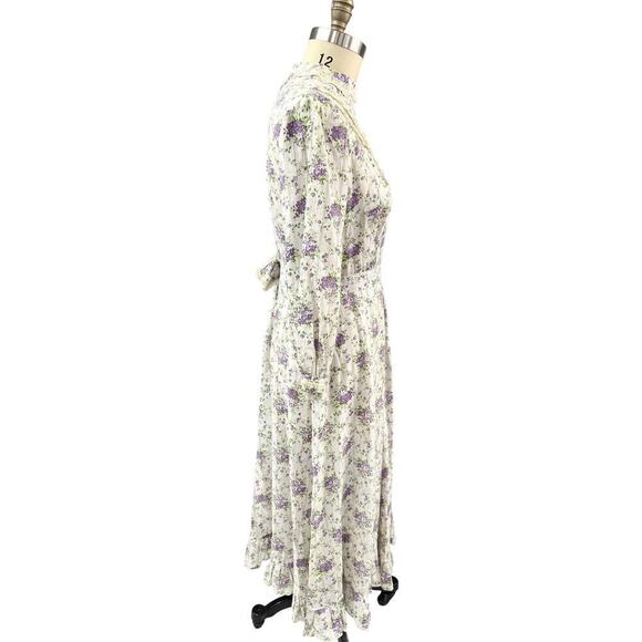 70s VTG  Gunne Style Prairie Romantic Cottage Core White Dress Purple Floral M - Picture 6 of 8